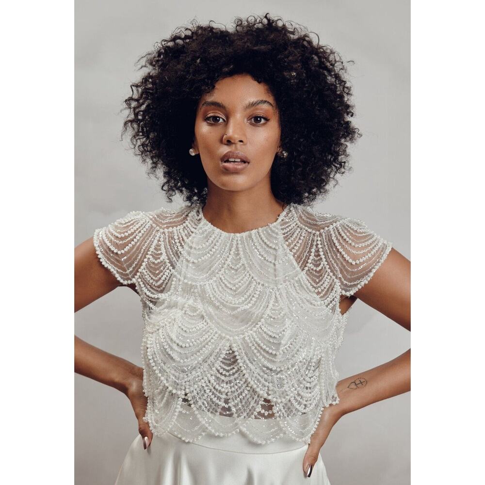 White Cropped Embellished Cap Sleeve Blouse